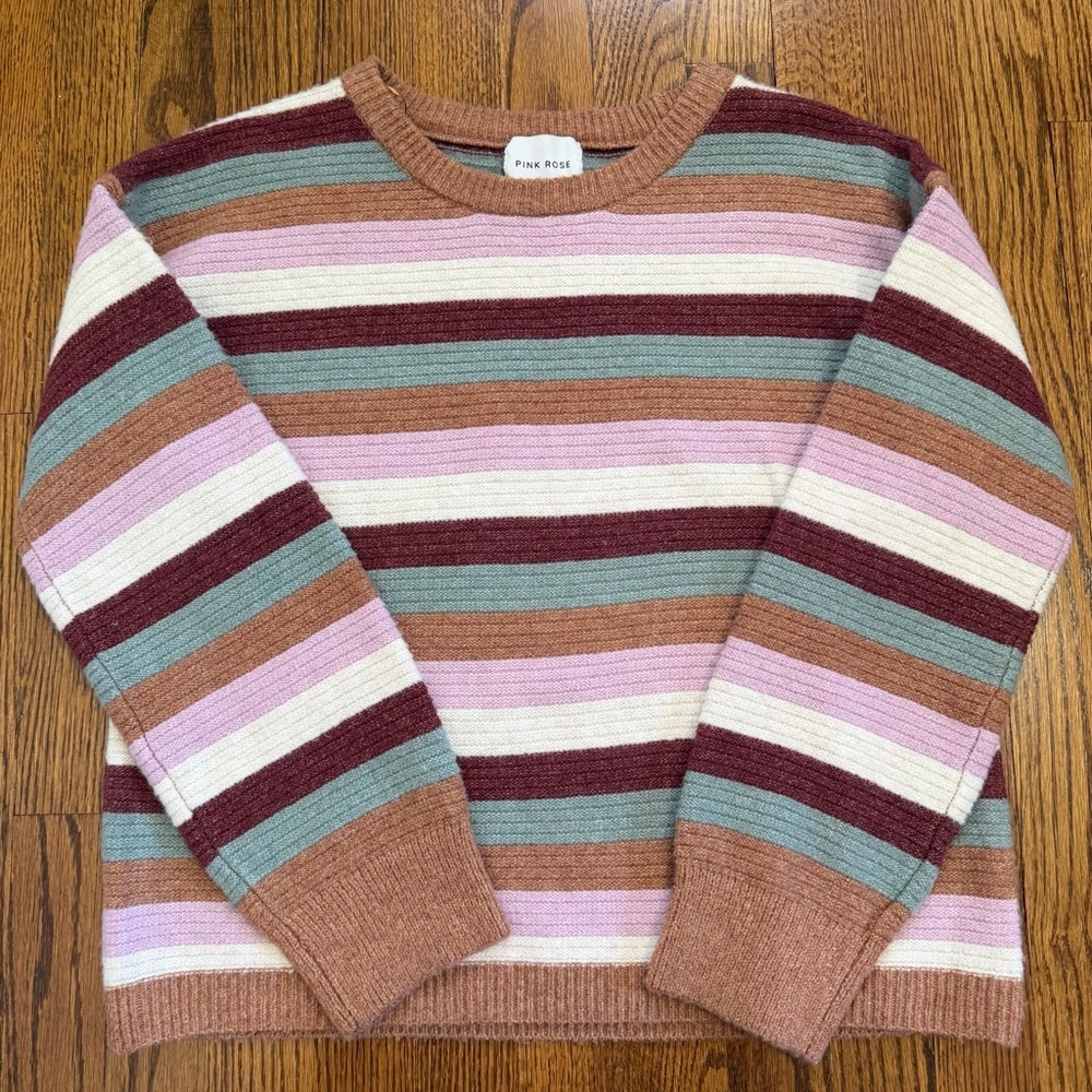 Pink Rose Pink Maroon Striped Long Sleeve Crewneck Sweater Size Small